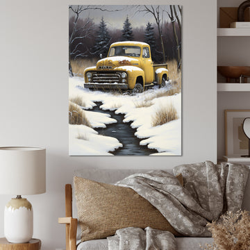 Yellow And Grey pickup truck in winter - Pickup Truck Canvas Wall Art